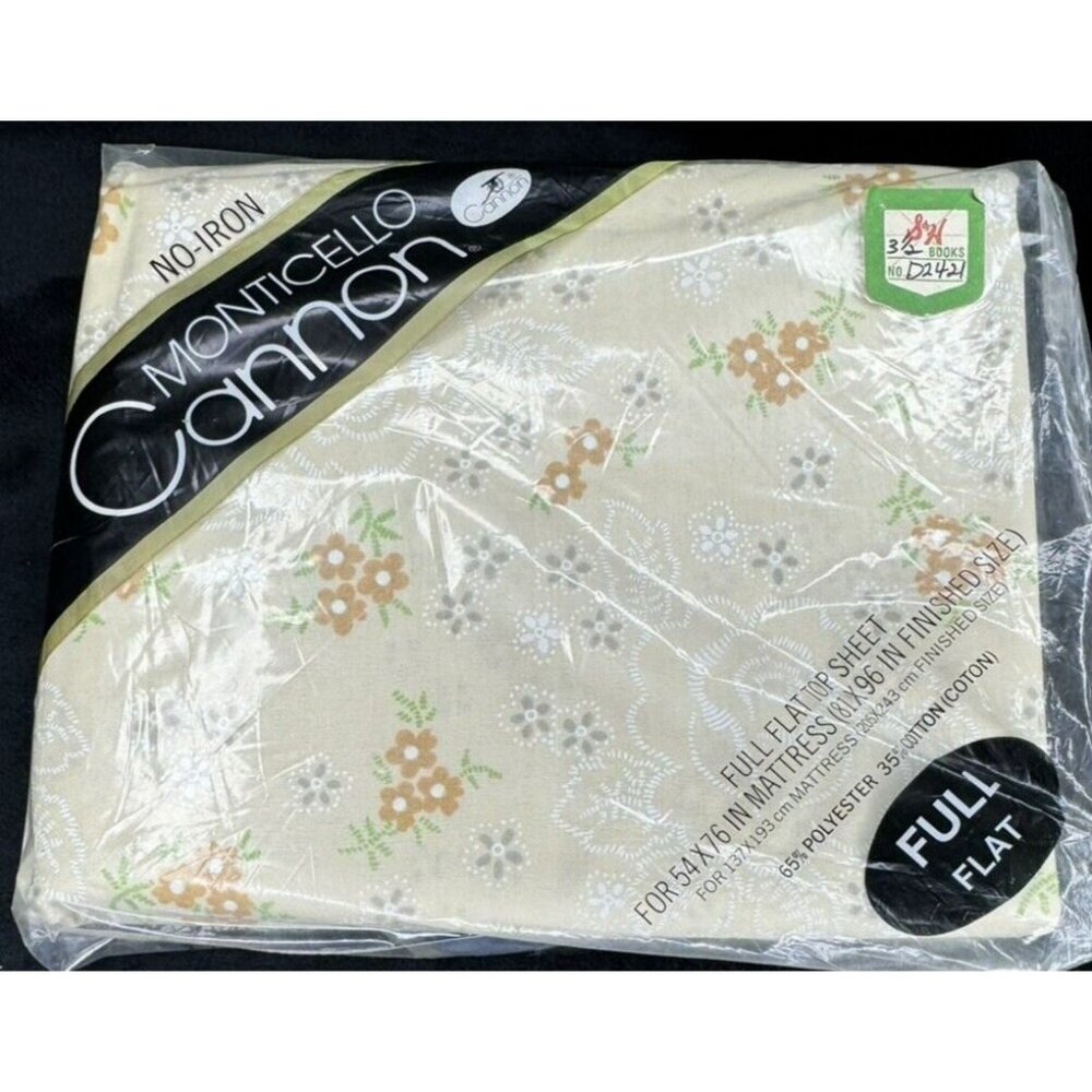 Vintage Cannon Monticello Marcelle Beige Floral Full Flat Sheet 81X96 NIP